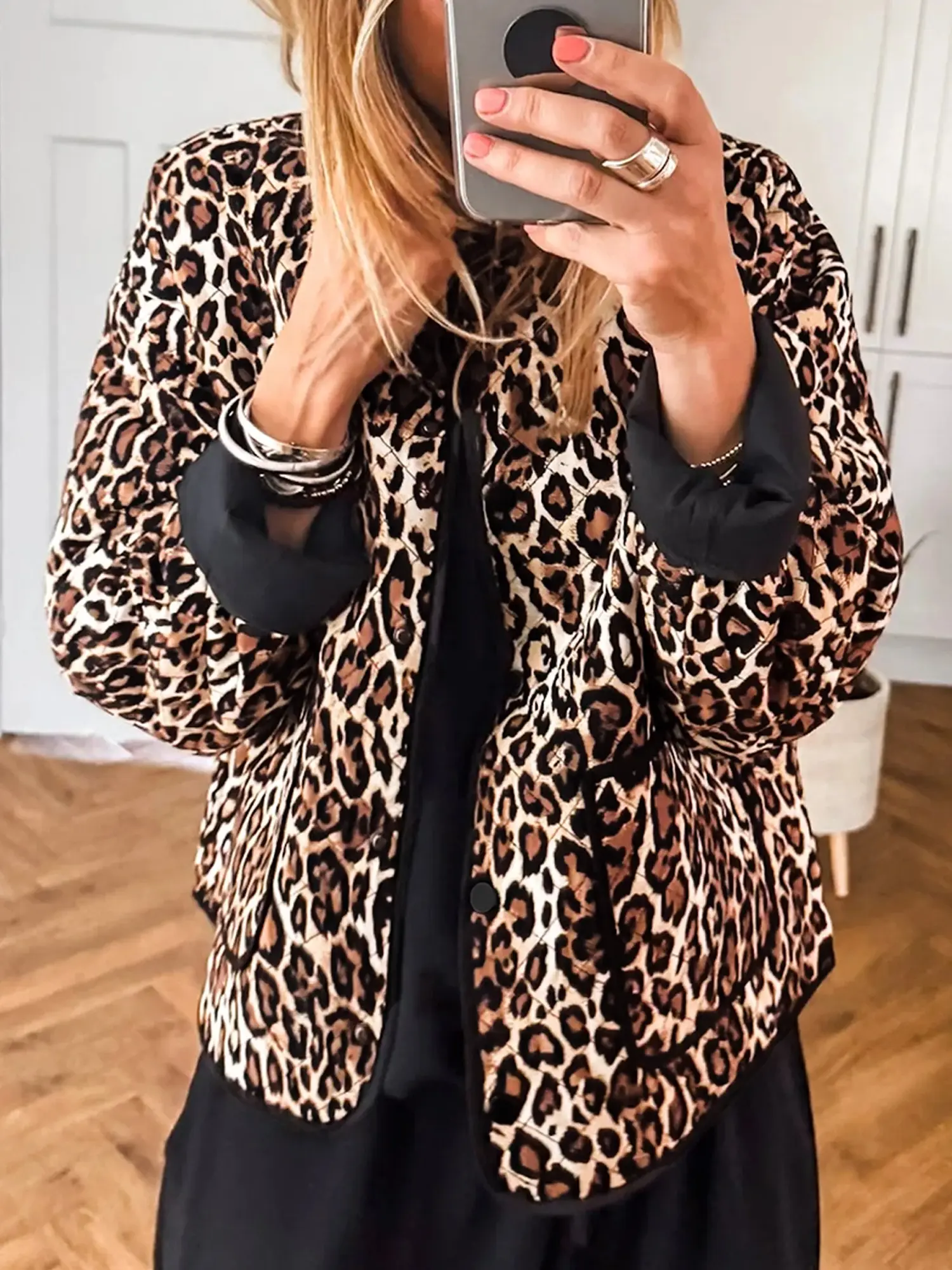 Women's Leopard Print Quilted Jacket Casual Long Sleeve Button Down Fall Coat with Pockets