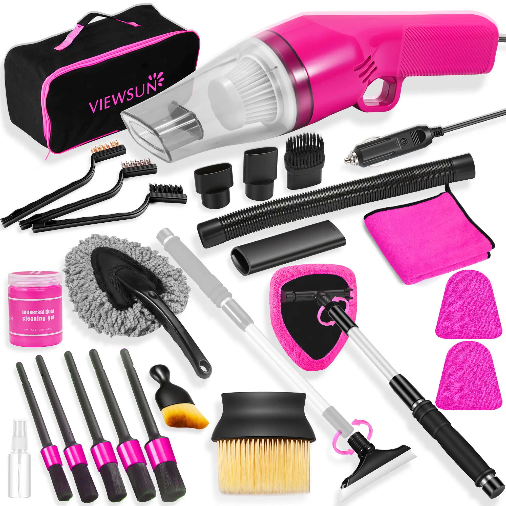 【summerfinds】Viewsun 17PCS Car Cleaning Kit, Car Interior Detailing Kit with Pink High Power Handheld Vacuum, Detailing Brush Set, Windshield Cleaner, Cleaning Gel, Complete Auto Accessories for Women, Summervibes