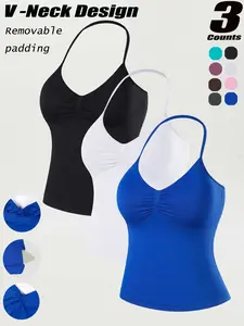 Women's Halter Sports Vest, Detachable Padded Bra, V-Neck Backless Outerwear, High Elastic Fabric, Fashion Workout Top, Athletic Fashion Activewear, Yoga Long Vest, Tight Vest, Sport Vests