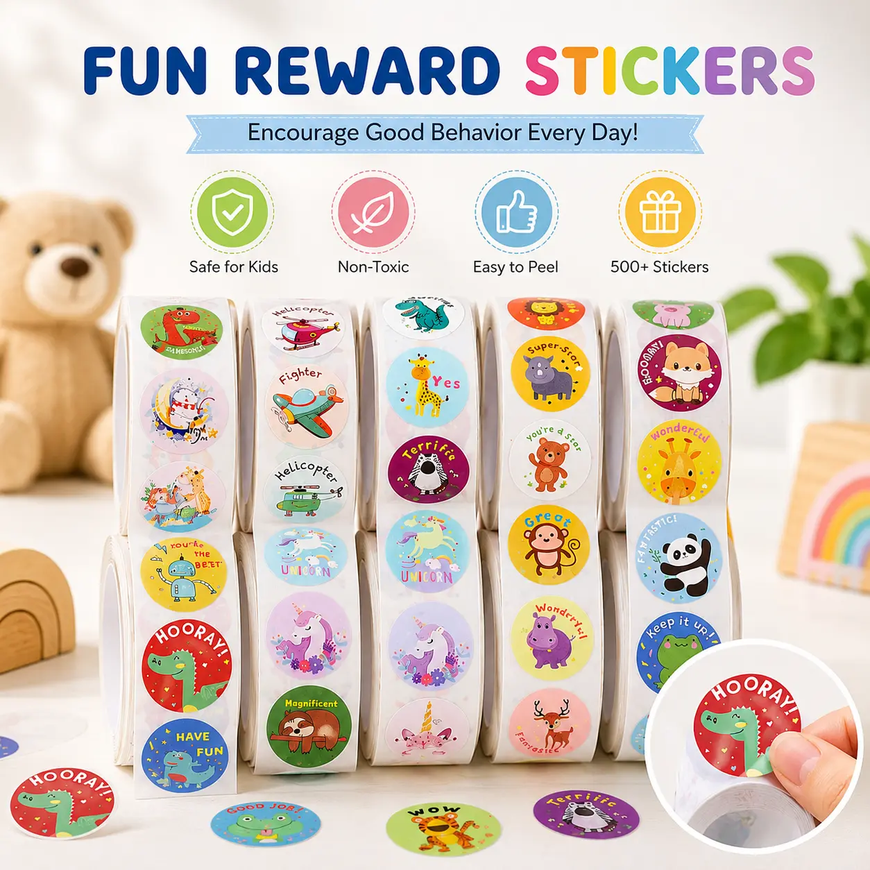 Cute Animals Engaging Design Kids Sticker Roll - Preschool Children Craft Rewards for Teachers, Potty Training, Classroom Scrapbooking & Stamping