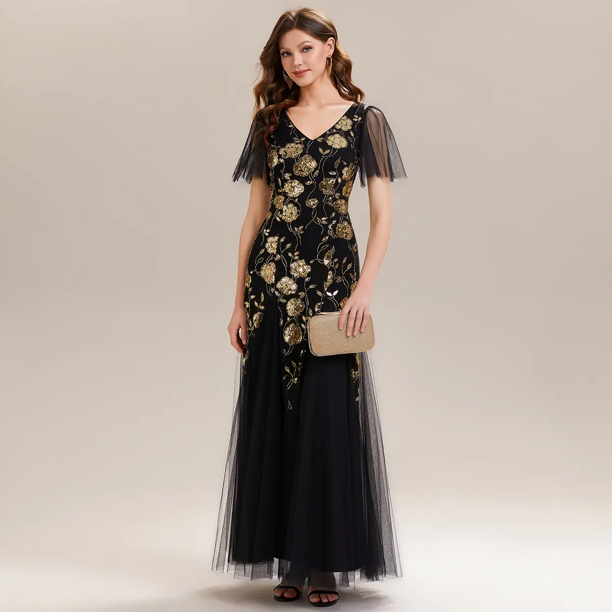 Ever-Pretty 2026 New sequin Black Formal Maxi Dress with Gold Floral Embroidery - Ruffled Short Sleeves & V-Neck for Evening Events,Formal dress,wedding guest dress,02665