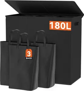 180L Laundry Hamper with Lid 3 Section,Large Laundry Basket with Removable Bags and Handles,Collapsible Dirty Clothes Hampers for Laundry,Laundry Basket Organizer for Laundry Room,Dorm,Black