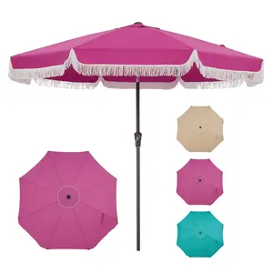 10FT Retro Fringe Patio Umbrella, Boho Tassel Market Table Umbrella with 8 Fiberglass Ribs, Crank Handle & Push Button Tilt Design, UV Protected Outdoor Sun Shade for Backyard, Pool and Camping