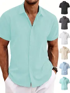 Men's Solid Linen Short-Sleeve Button Shirt, Button Collared Shirt, Regular Fit, Casual Lightweight Breathable Spread Collar Tee, Summer Daily Wear, Outdoor Casual Top, Essential for Man's Wardrobe