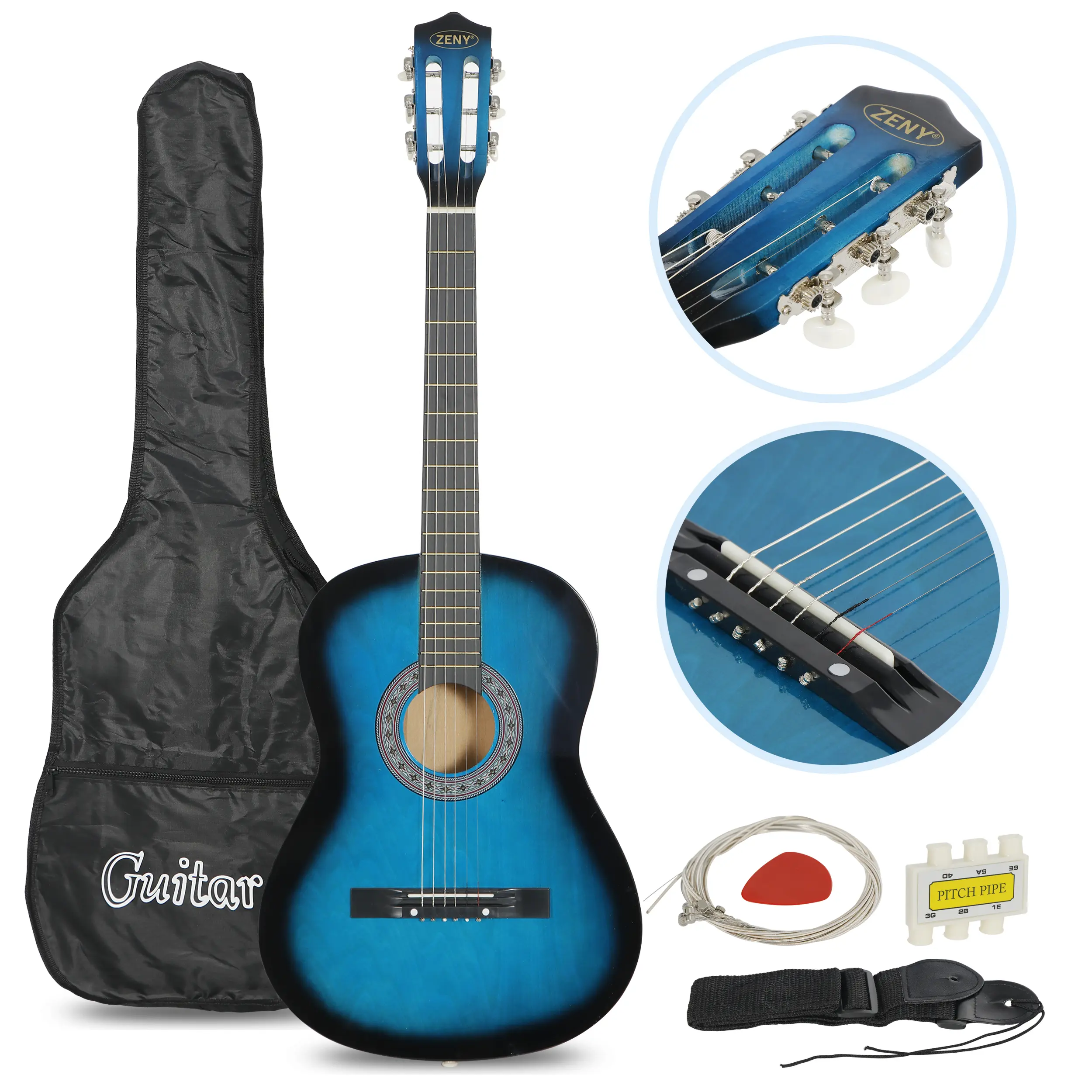 Zeny 38" Right-Handed All Wood Acoustic Guitar Kit for Beginners - Classic Stylish Kids' Musical Instrument, Includes Case, Shoulder Strap, Pitch Pipe, Pick, Lightweight Replacement Learning Tools