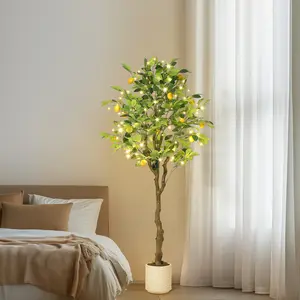 【Christmas Gift】5Ft Pre-Potted Faux Lemon Tree, Indoor Artificial Plant with Realistic Fruit, Lifelike Leaves and Lights, Decor for Home Office Living Room Furniture Ornaments