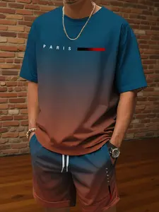 Men's Summer Short Sleeve Gradient Print Ombre Set, Casual Fitted T-Shirt & Knee-Length Shorts, Fashionable Tropical Trendy Design, Menswear