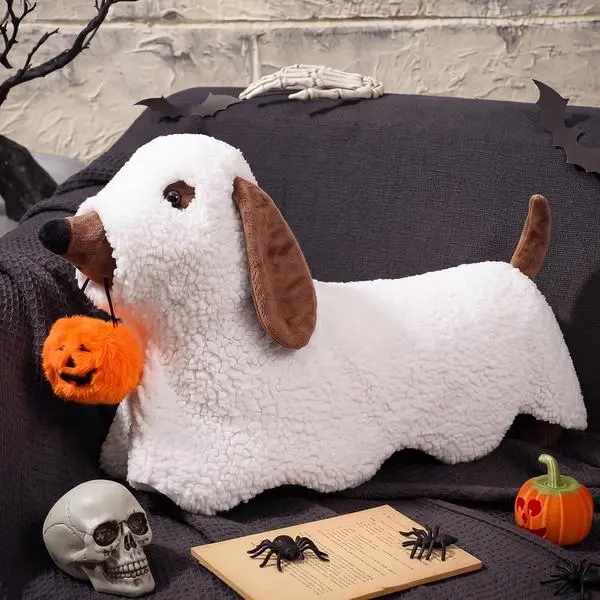 Leinuosen 26 Inch Halloween Dachshund Pillows Halloween Ghost Dog Decoration White Soft Plush Sherpa 3D Fluffy Cute Spooky Dog Holding Pumpkin Gifts for Sofa Couch Bed Party Indoor Home Decorative