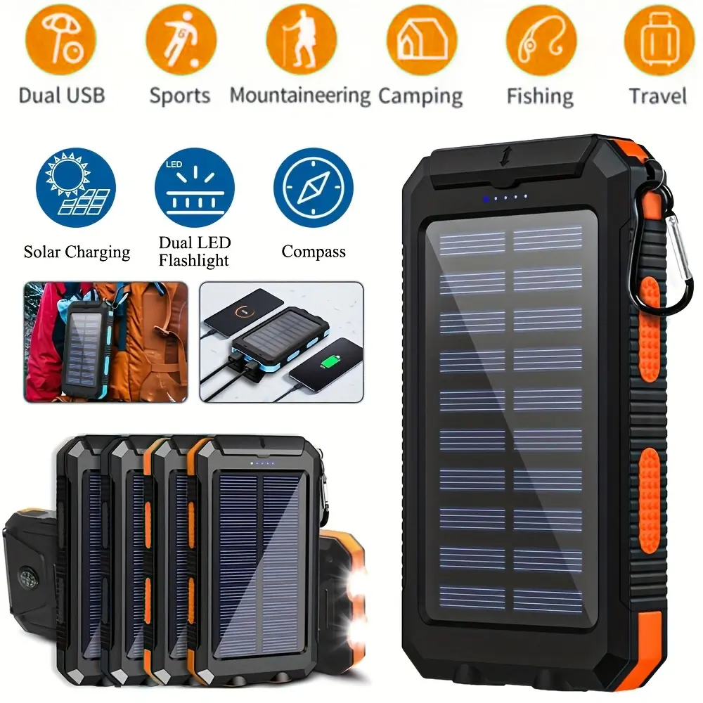 10000 mAh Portable Solar Power Bank with Solar Panels, Solar Powered Charger with Dual LED Flashlights, Power Bank for Travel, Camping, Travel Gadgets, Solar Cell Powered