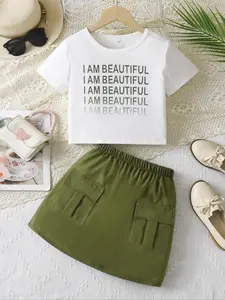 Girls' Casual Letter Print Tee & Colorblock Skirt Set, Sweet Cool Street Style, Summer Fashion, Summer Clothes Set, Short Sleeve, Fitted, Crop Length, Power Girl Outfit, Summer Clothing Set