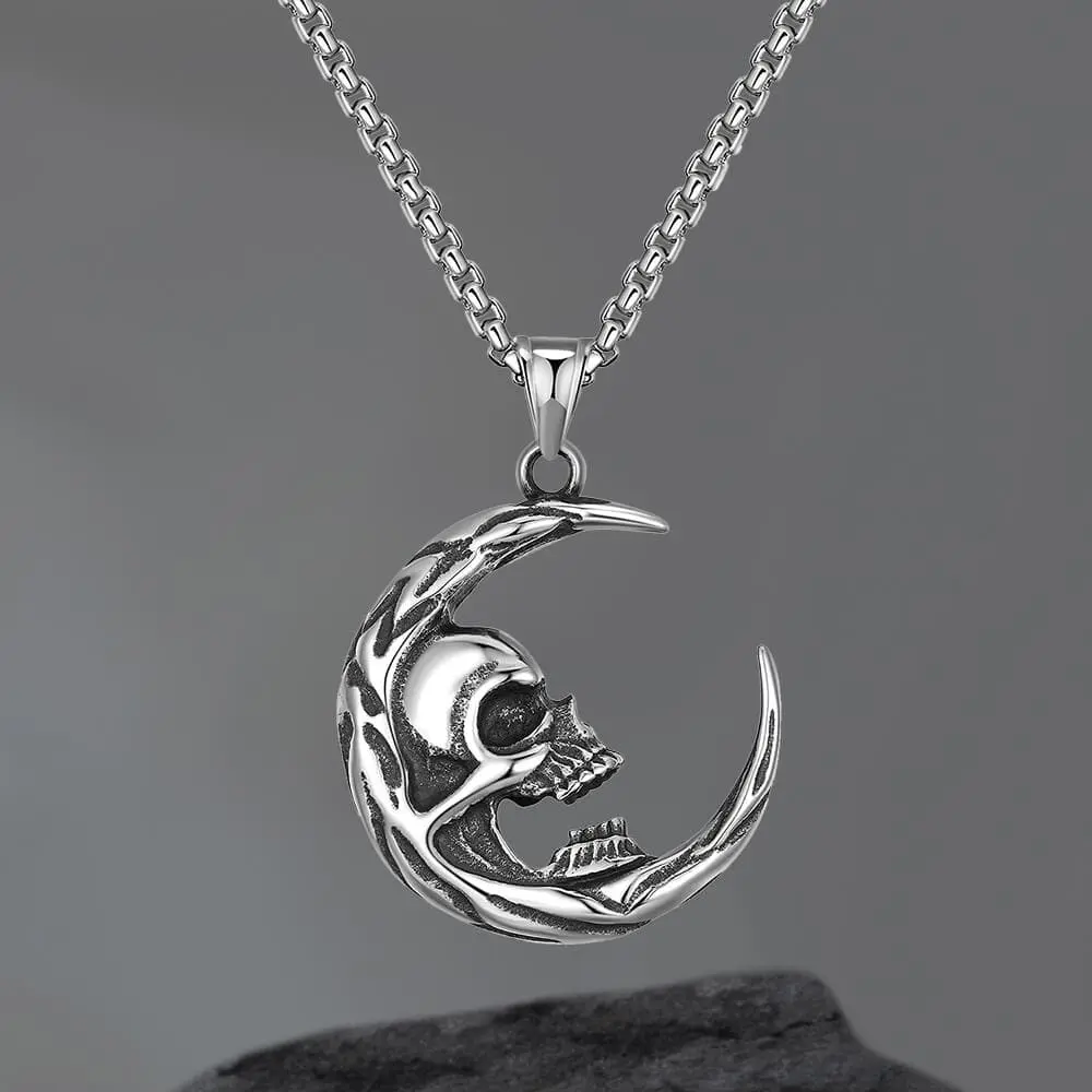 GTHIC Skull of Waning Moon Stainless Steel Gothic Necklace - 32x38mm Skull Moon Pendant with Chain, Unisex Daily Wear Jewelry for Men's Birthday Gifts