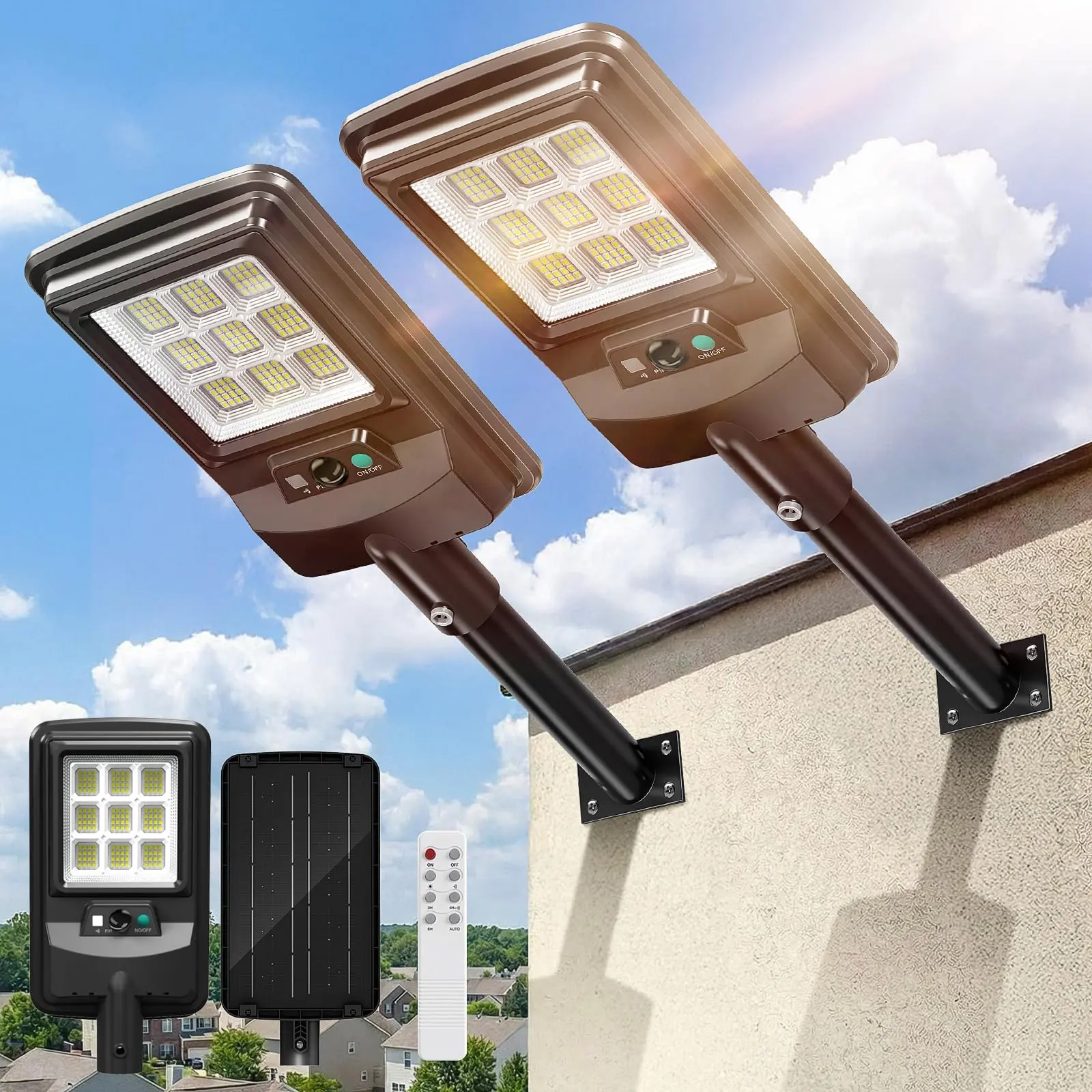 ISUNMEA 11-Inch Dual Solar Street Lights (2 Pack) - Automated LED, Exterior-Grade, Motion Sensitive Security Lights with Remote Control, Dusk-to-Dawn, Waterproof for Wall Mount, Driveway, Automated Led Security Lighting, Dual Solar Security Lighting