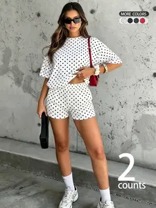 Women's Casual Loose Polka Dot Short Sleeve Top Set, Comfortable Soft Fabric, Trendy Drawstring Mid-Length Pants, Perfect for Summer