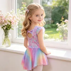 Girls Ballet Leotard with Rainbow Gradient Tutu Dress,Ruffle Sleeve Sparkle Dance Dress,Toddler Ballerina Outfit for Recital & Ballet Class
