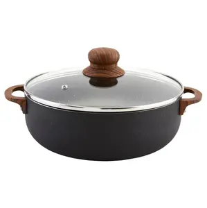 13.5Qt Black Stone Aluminum Speckled Nonstick Caldero with Glass Lid & Wood Look Handles for Large Meals Kitchen Cookware