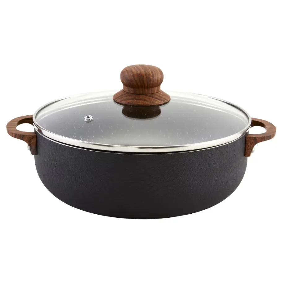 13.5Qt Thick Black Stone Aluminum Speckled Nonstick Caldero - Durable Pot with Glass Lid, Wooden Look Handles, Oil-Resistant Design for Large Meals Kitchen Cookware, Durable Pots