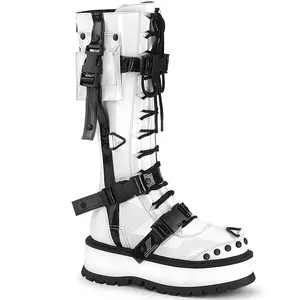Demonia Slacker-260 White Patent Knee-high Boots