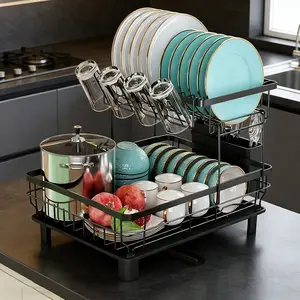 Double Layer Drain Rack, Dish Drying Rack, Stainless Steel Durable, Large Capacity Kitchen Countertop Organizer, Integrated Utensil Holder, Space Saving