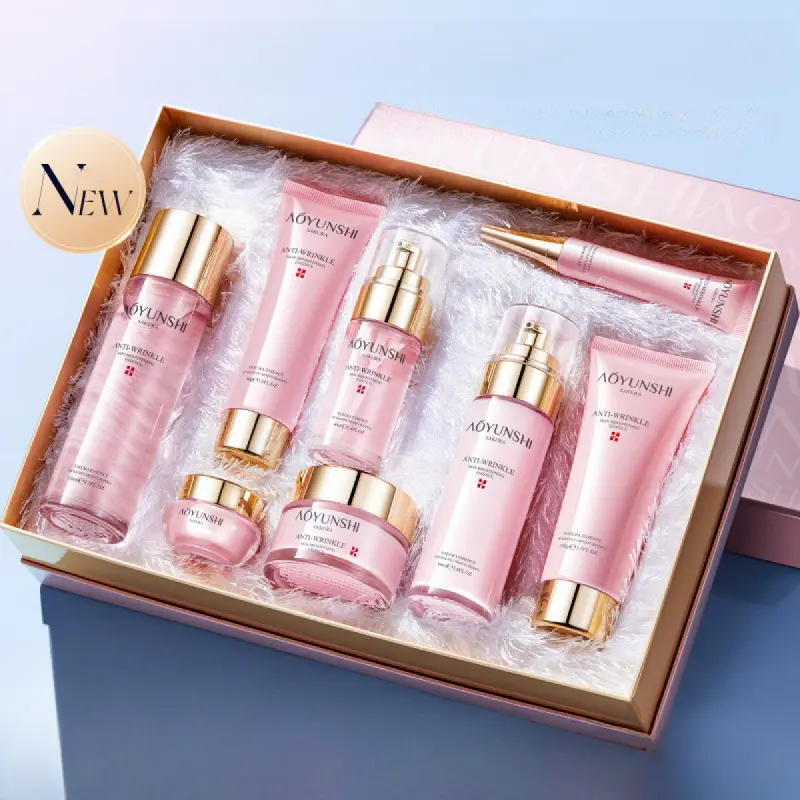 Sakura Anti Aging Hydrating Moisturizing 8 Piece Cleanser Toner Eye Cream Serum Emulsion Cream Sleep Mask Luxury Dual Repair for Smooth Plump Radiant Youthful Glow Skin, Total Care Set Beauty Kit Hydration Care Set Beauty Sets