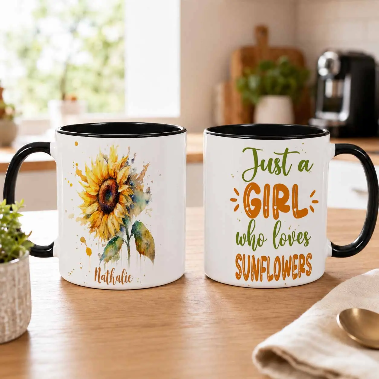 Watercolor Sunflower Ceramic Mug with Handle, 11oz/15oz Drinkware, "Just a Girl Who Loves Sunflowers" Print, Personalized Nathalie Coffee Cup, Washable Durable Gift for Office & Home Birthday