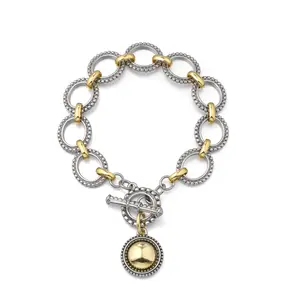 Aprilery Two-Tone Cable Chain Link Bracelets with Round & Square Pendant – Vintage Cable Texture, Mixed Metal Detail & Toggle Closure