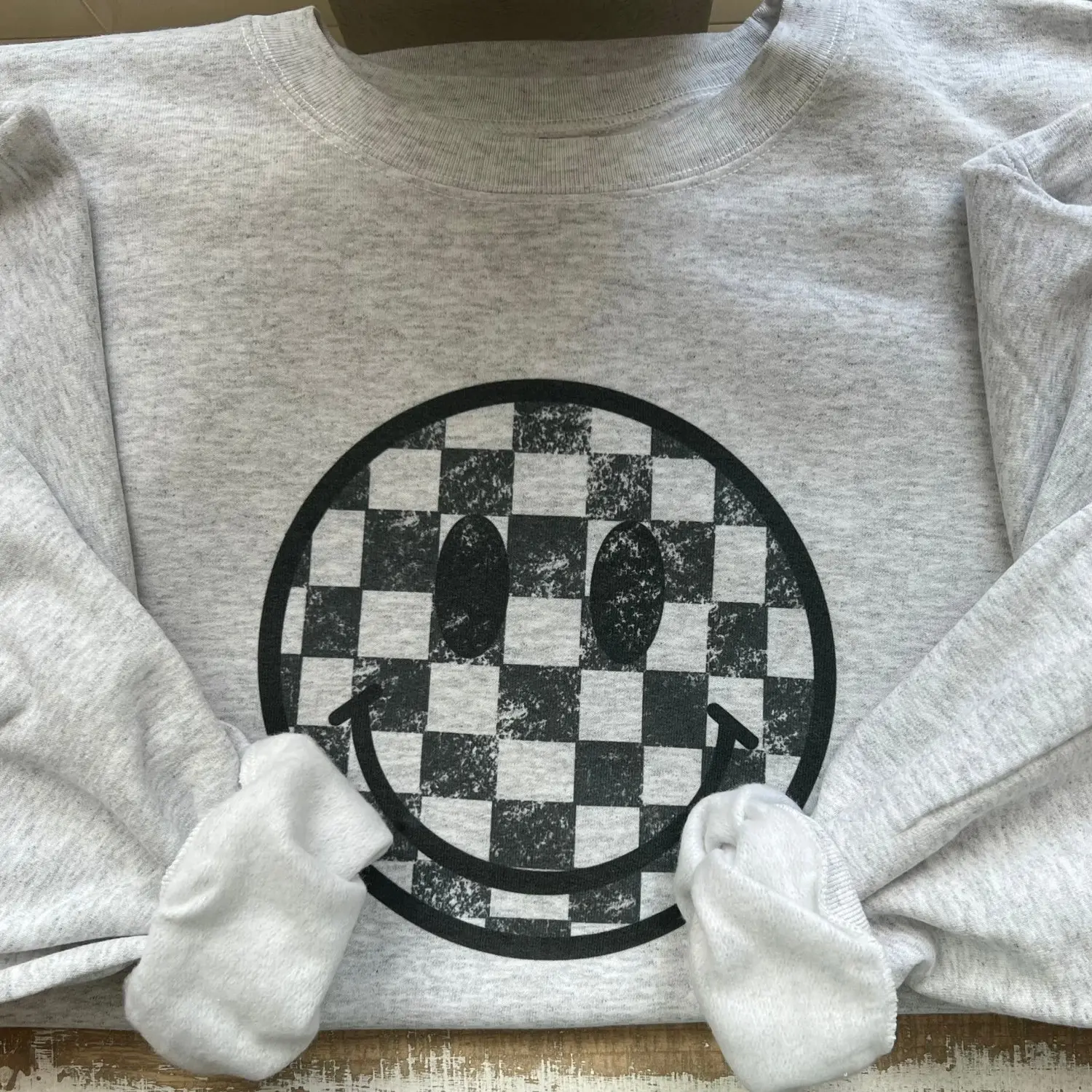 Checkered Smiley Crewneck | Smiley Face Sweatshirt, Gift For Her, Retro Hoodie, Trendy Crewneck, Checkered Smiley Face Crew, Graphic Hoodie ANVCZ