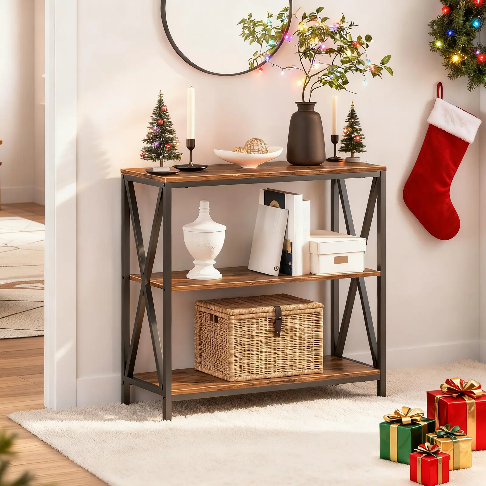 MAHANCRIS 3-Tier Industrial Console Table with Open Shelves, Foyer Table for Entryway, Hallway, Kitchen, Living Room and Bedroom, Easy Assembly, Rustic Brown #SummerVibes#DealsforYouDays #SummerGarden