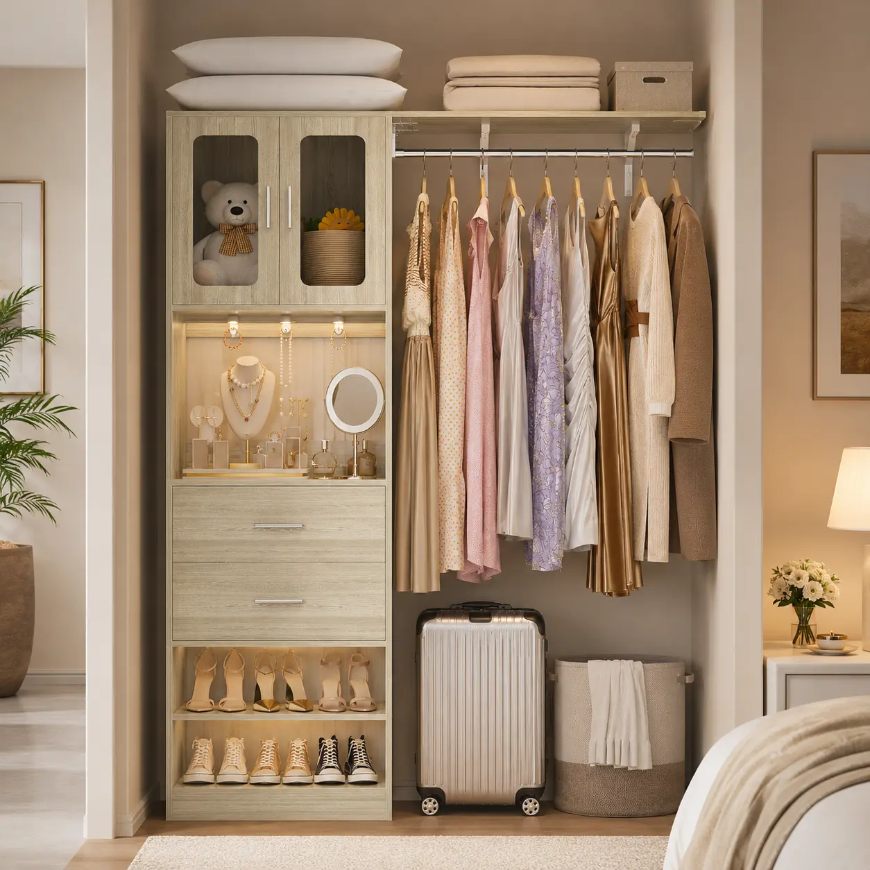 Homieasy Closet System, 60'' W - 120'' W Multifunctional Walk-In Closet System, Reversible Walk-in Wardrobe System with Hanging Rods, Drawers, Door Cabinet, Closet Organizer System Tower with Big Wing Shelf, Heavy Duty Garment Rack