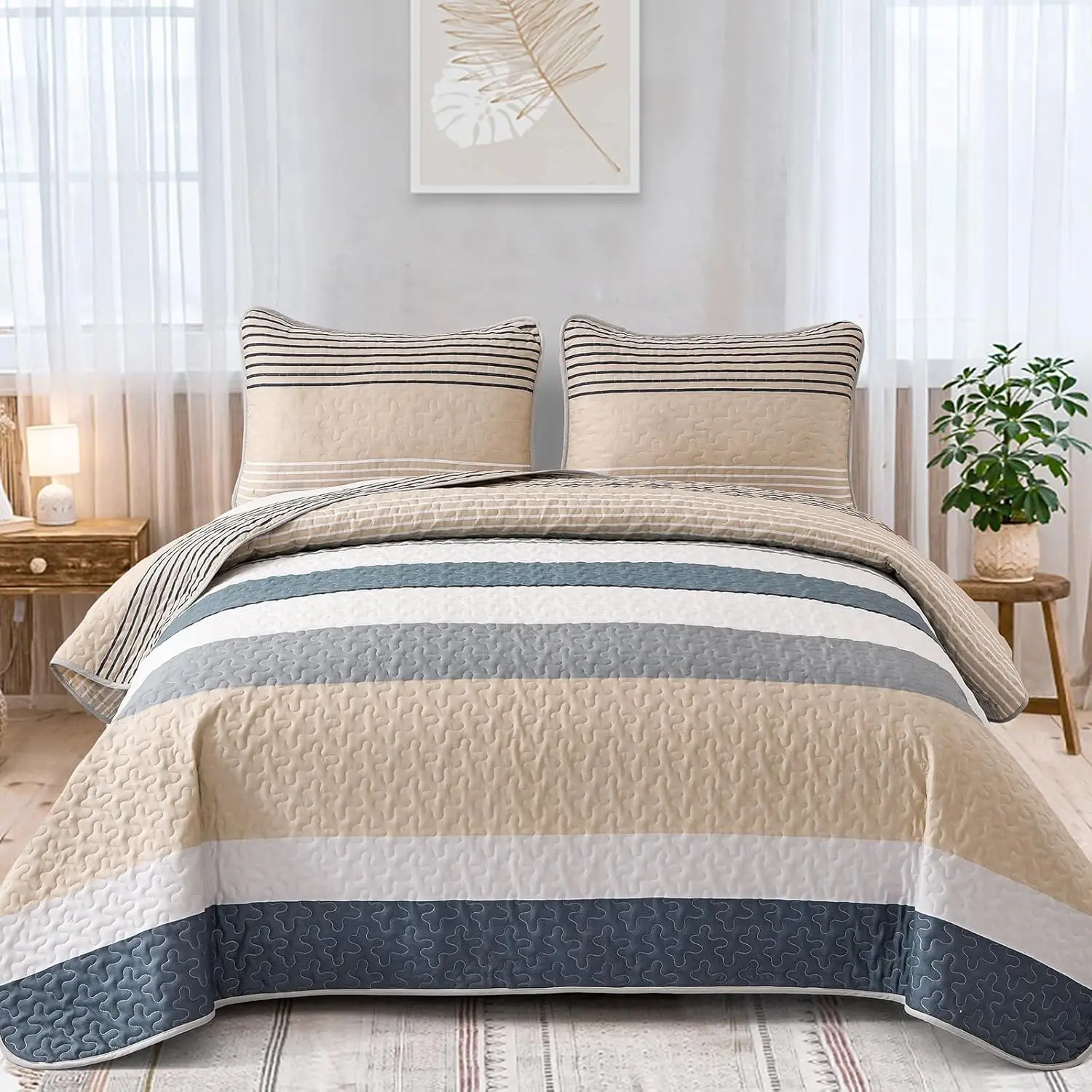WONGS BEDDING Beige Boho Quilt Queen King Size, Khaki Striped Bedspread 3 Pieces Reversible Fall Quilts Bedding Set Micofiber Farmhouse Coverlet with 2 Pillowcases for All Season
