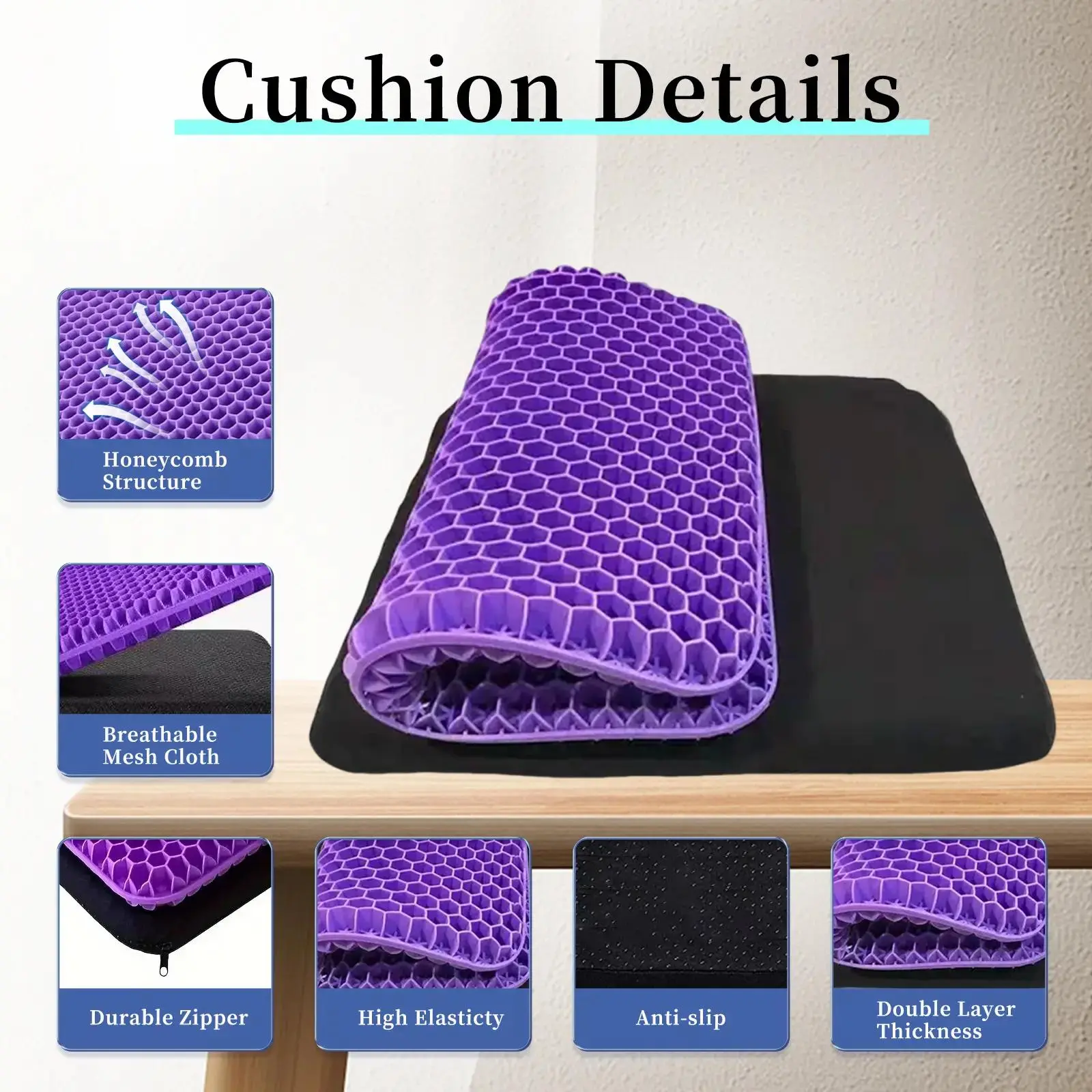 Gel+Fabric Double-Layer Thick Flat Chair Seat Cushion - 15.75 x 13.39 x 1 inches Rectangle, Breathable Honeycomb Design, Non-Slip, Washable Chair Protector, Pressure Relief Pad for Car Rides to Office Hours