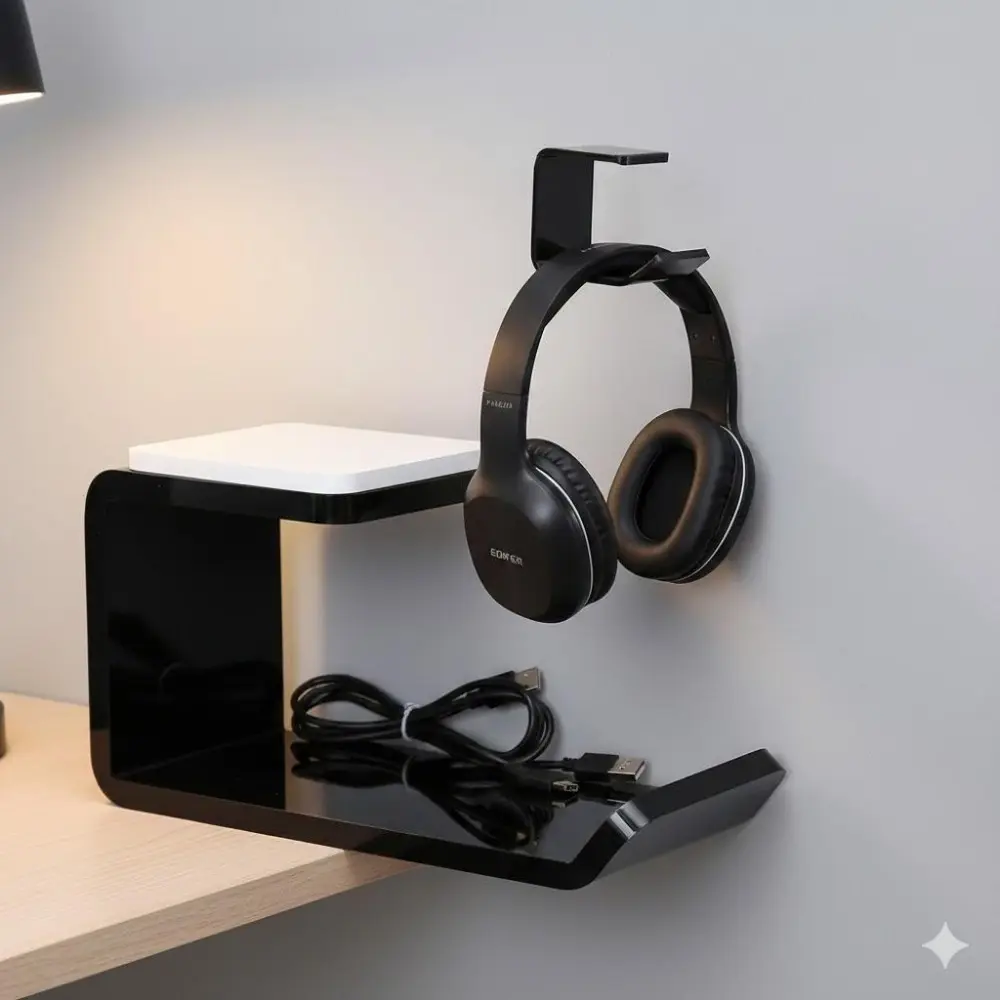 Wall-Mounted Headphone Hook, Headphone Hanger: Anti-Slip, Anti-Scratch Gaming & VR Headset Holder, Cable and Bluetooth Earphone Organizer for Desk & Home, Compact and Durable Design, Audio Accessory