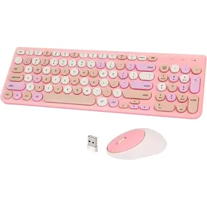 Keyboard and  Combo, Retro Typewriter  Keyboard with Round Keycaps, 2.4GHz Full-Size USB Cute  Keyboard  for Computer, Desktop, Laptop and Computer (Pink-Colorful)