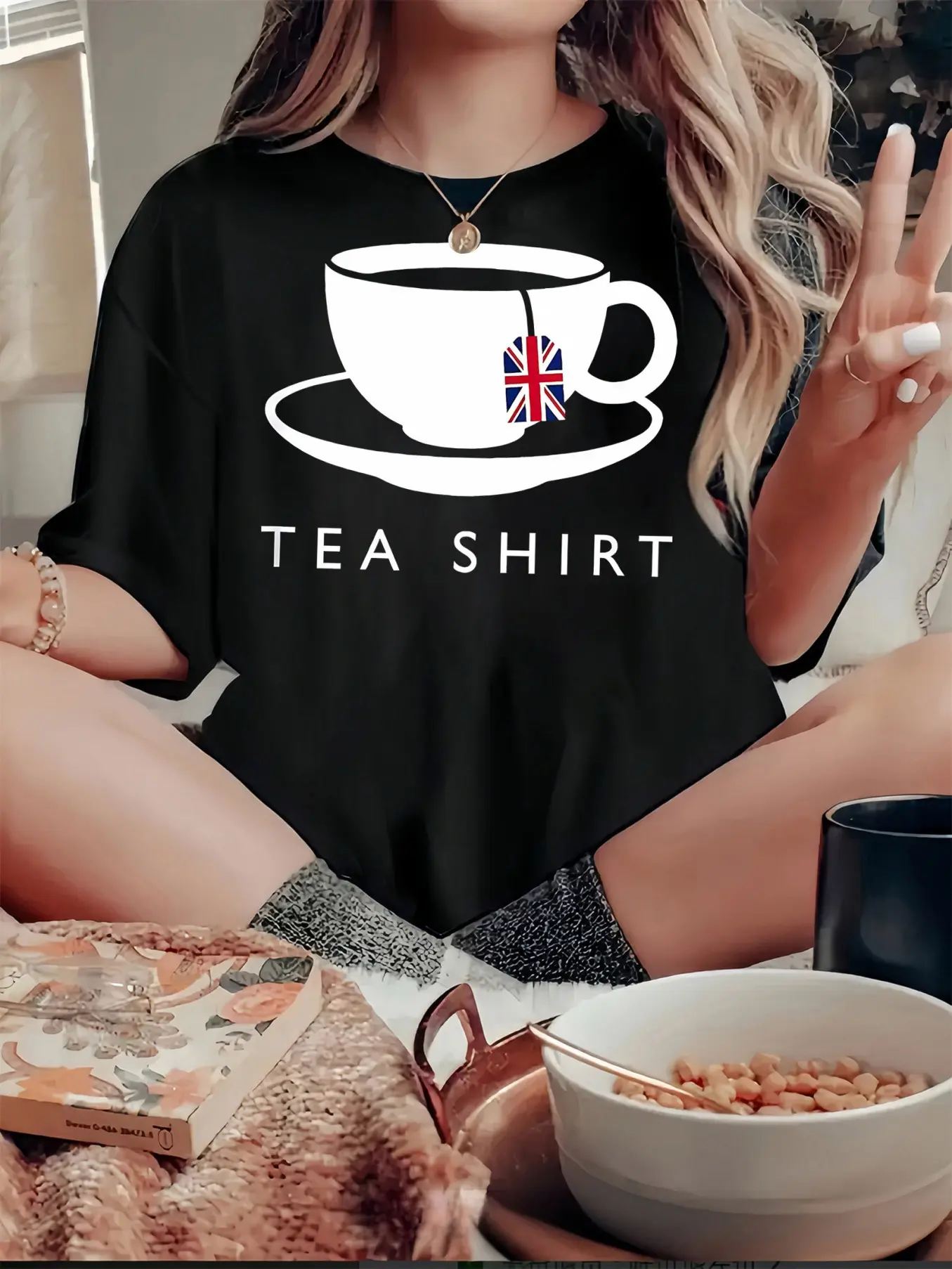 Simple English tea cup flag pattern printing women unisex soft cotton short sleeve t shirt, vintage graphic casual tee for men women teens, perfect birthday holiday gift for camping travel gym daily street  wear