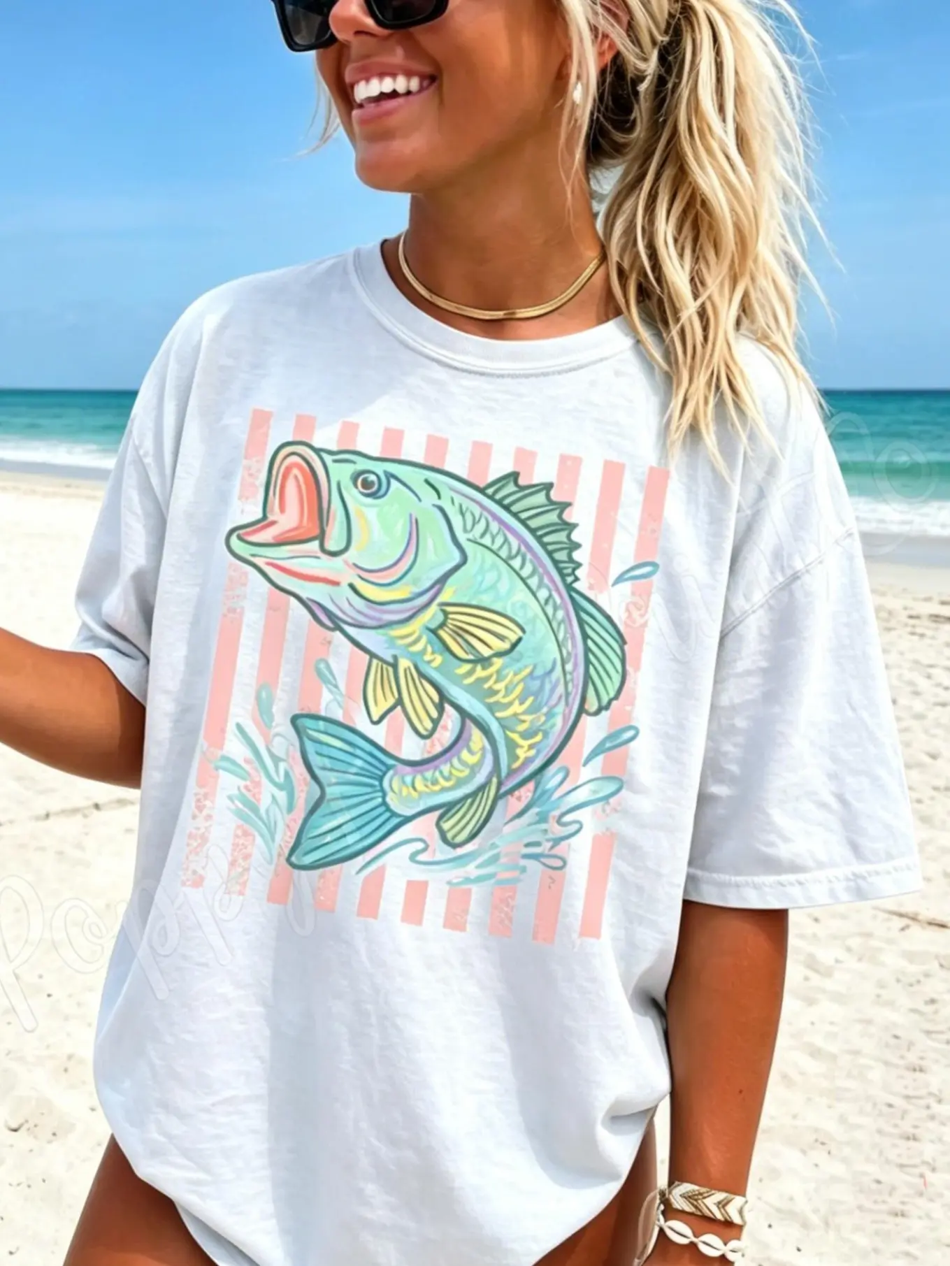 Bass Fish Beach Graphic T-Shirt, Retro Preppy Striped Fishing Tee, Summer Coastal Aesthetic Oversized Casual Top, Beach Vacation Outfit