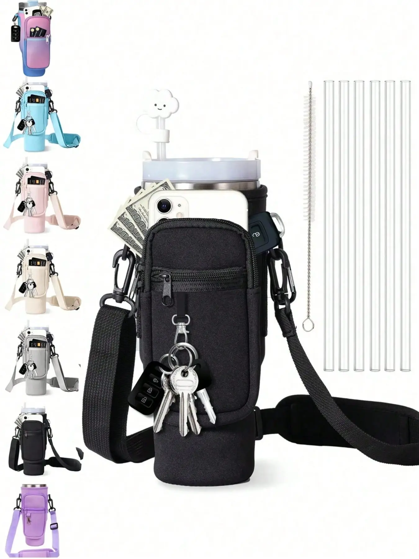 Water bottle bag with phone pocket and cleaning brush, adjustable strap protective sleeve, suitable for 30/40 ounce water cups (included), suitable for fitness, Drink Carrier, Insulated Bottle Holders, Insulated Tumbler Holder