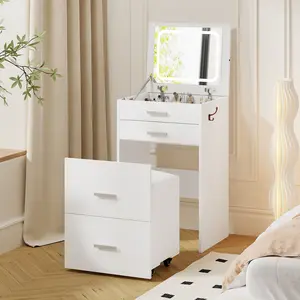 3-in-1 Compact Vanity Desk with 3 Drawers Flip-Up Lighting Mirror & Cushioned Stool Modern White Makeup Table for Bedroom Office Nightstand