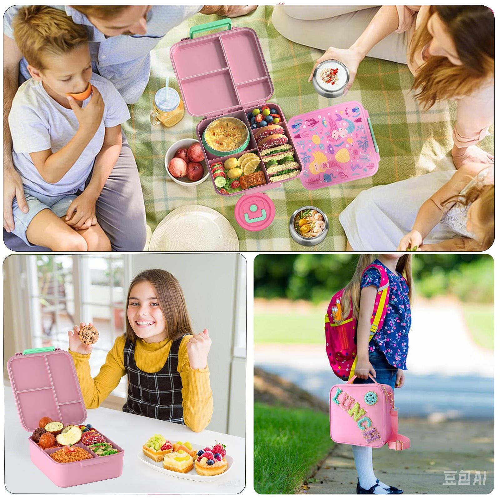 Insulated Bento Box with 8 oz Soup Warmer 4 Lunch Compartments Bright Pink Blue Includes Utensils Perfect for School Trips All Occasions Gift Tableware Tin