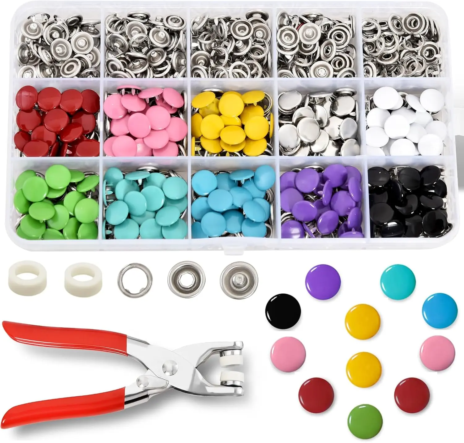 9.5mm Metal Snap Button Kit for Fabric - 200 Sets with Pliers, Sorted Storage Box for Sewing Repairs, Clothing DIY Crafts