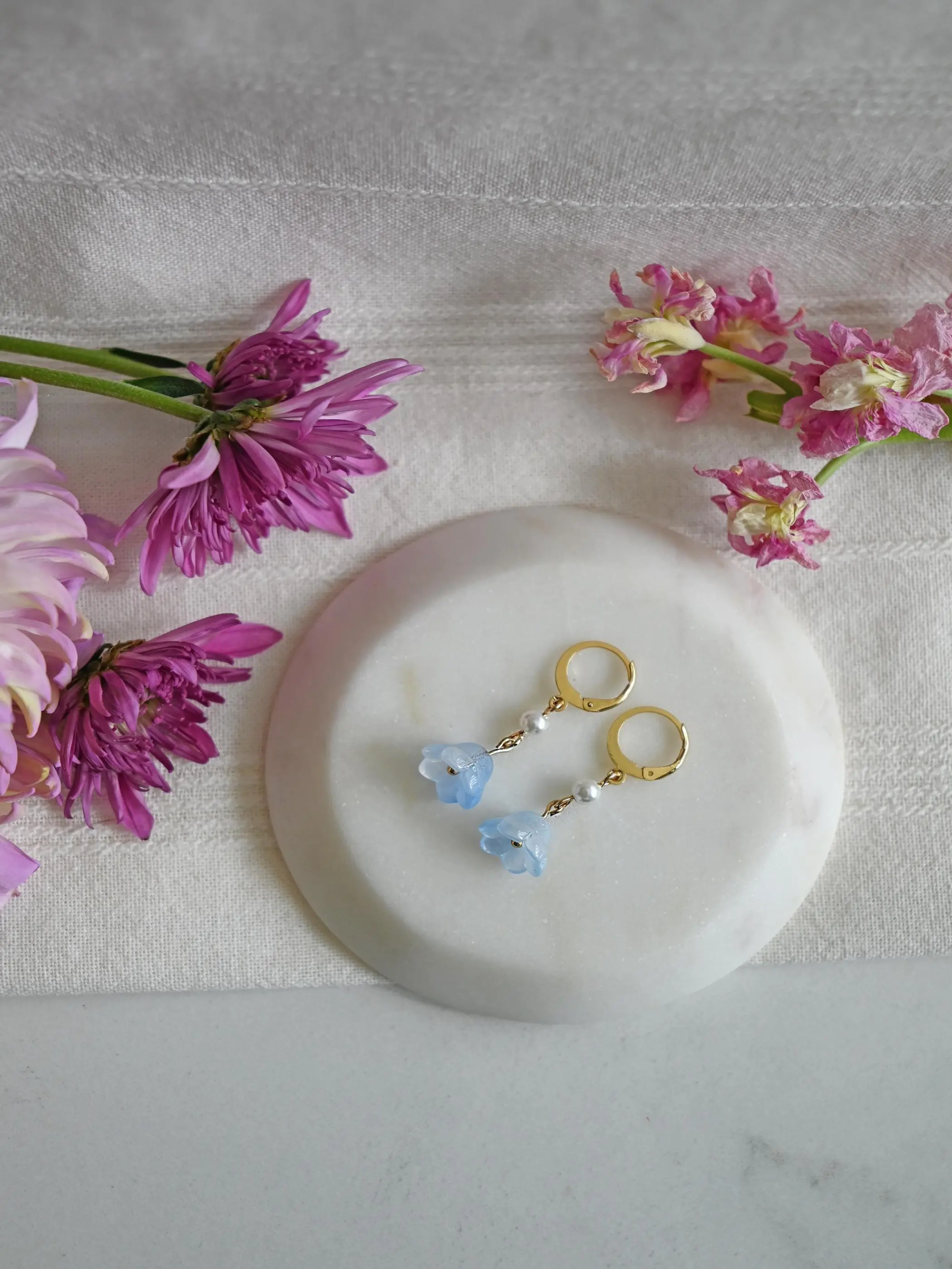 Lily of the Valley Bluebell Dangle Earrings Handmade Translucent Blue Floral Beads Faux Pearls Gold Plated Stainless Steel Lever Backs Lightweight Whimsical Spring Jewelry for Bridesmaids