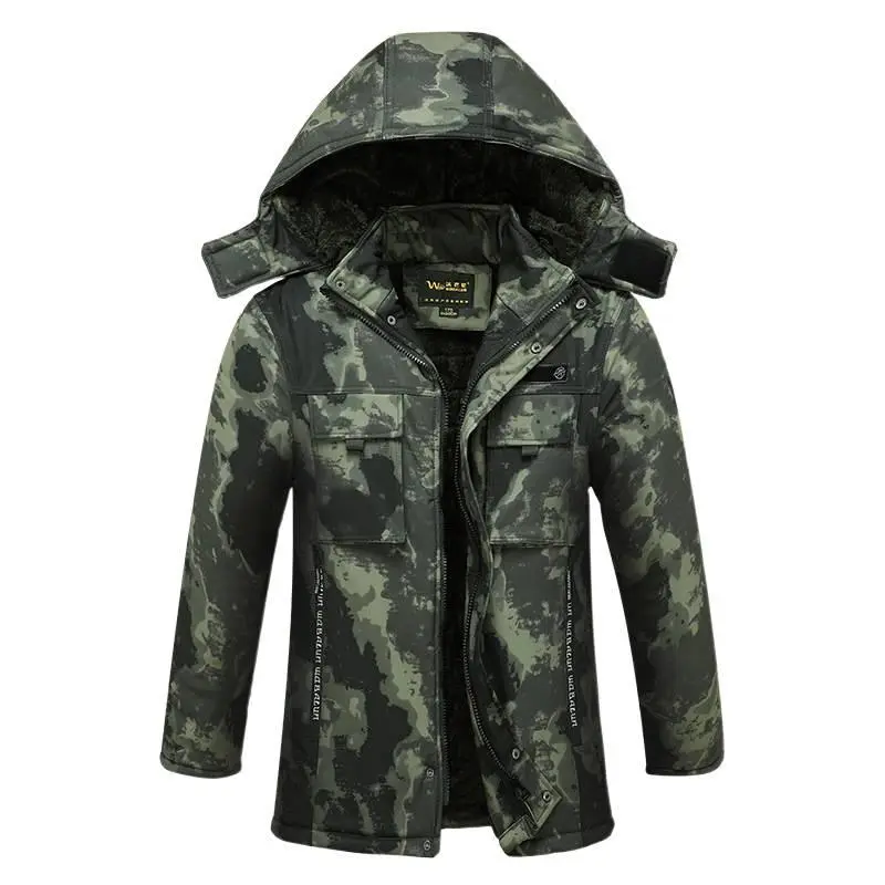 Men's Camouflage Thick Padded Work Coat - Long Sleeve, Water Resistant, Fleece-Lined Cotton Outerwear with Padded Insulation, Roomy Fit, Pockets, Zipper for Outdoor Cold Storage Use, Fabric