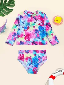 Girls' Fashion Cute Long Sleeve One-Piece Swimsuit Set, Tie-Dye Mermaid Cartoon Print Swimwear, Casual Beach Wear, Swimwear Sets