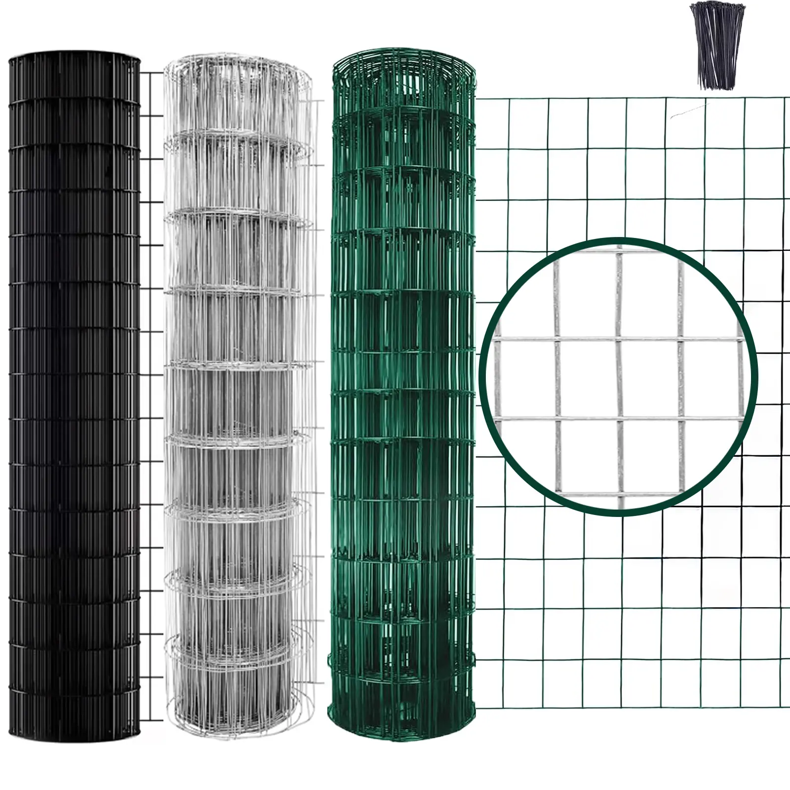 Black/Green PVC Coated Welded Wire Fence 36 Inch X 50 Foot, 2 Inch X 3 Inch 14GA, Garden Border Fencing Roll Vinyl Coating Metal Wire Mesh Hardware Cloth For Yard Vegetable Plant Protection, 100 Zip Ties