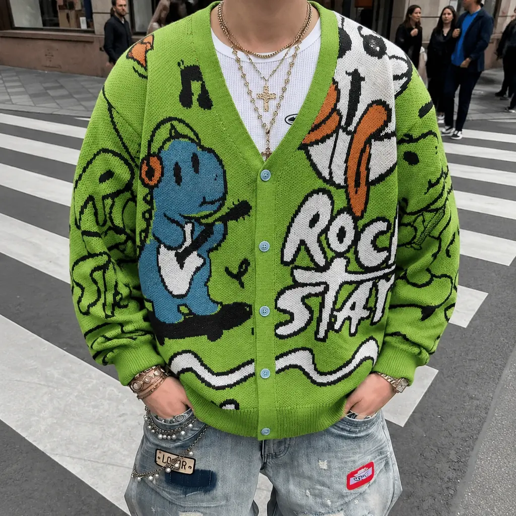 Unisex Y2K Dinosaur Graphic Cardigan. Oversized Rock Star Print Sweater Jacket. Unique Matching Couples & Besties Knitwear. Trendy Fall Layering Top for Casual Streetwear Outfits.
