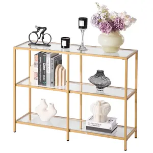 3-Tier Glass Console Table - Modern Rectangle Sofa Side Table With Tempered Glass Top And Iron Legs, Golden Finish Console Desk With Anti-Tip Device For Living Room, Hallway, Entryway, Foyer, Corner Accent, Durable Steel Frame