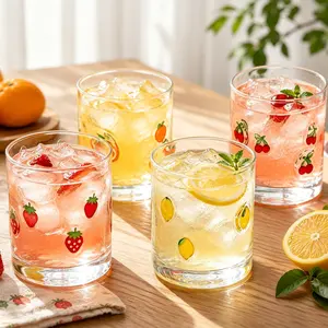 2/4 Pcs Fruit Icon Juice Glasses 14oz Cute Pattern Stemless Wine Glass for Summer Fruit Party Birthday Gift Cute Fruit Pattern Glass Cups  Cute Juice Cups for Party, Picnic, Birthday | Aesthetic Drinkware