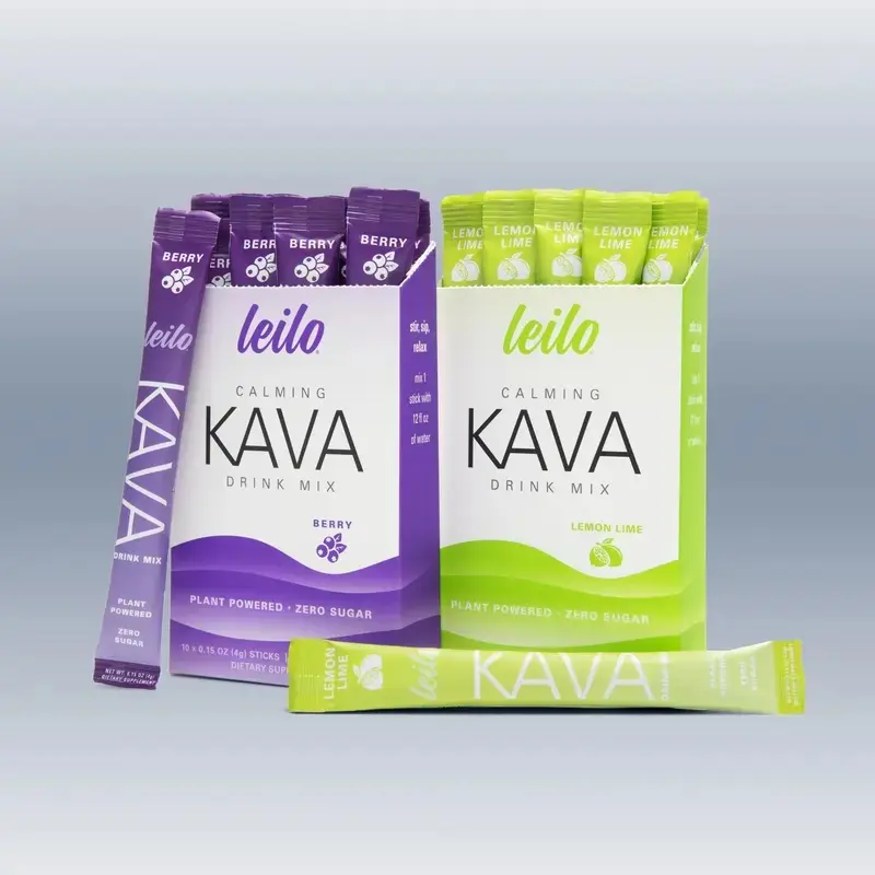 Leilo Kava Drink Mix – Non-Alcoholic Functional Relaxation Drink  | Zero Sugar | 10 Stick Packs ( Berry or Lemon Lime )