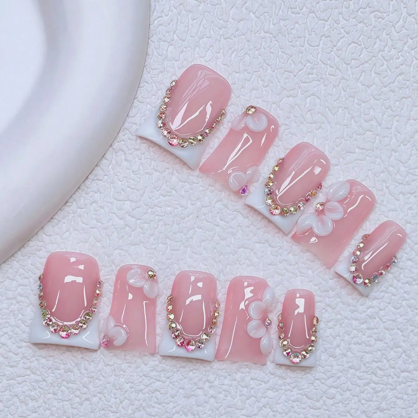 10 pcs Handmade Press on Nails 3D Floral White Tips,Ducknails, Y2K Baddie Style, Nude And White Color with French Tips, Floral And ringstone design, Suitable for Women And, Includes Tools Spring Summer Nails Diy Nails
