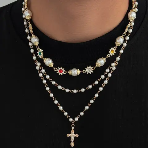 Vintage Metal Cross Pendant Necklace Set, Boho Style Colorful Crystal Imitation Pearl, Hip Hop Daily Wear, Holiday Gift for Men, Alloy Necklace
