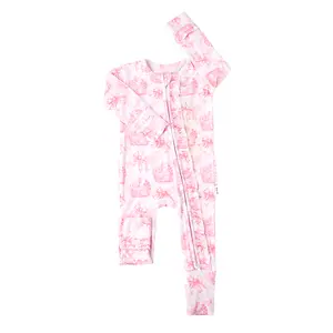 Juniper RUFFLE ZIP Easter Bunny Floral Soft Bamboo Viscose Baby Romper with 2-Way Zipper for Easy Diaper Changes & Mitten Cuffs for Comfort