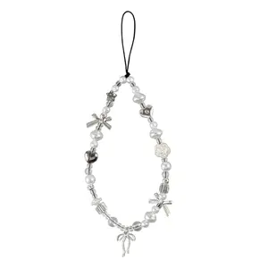 Camera Wrist Strap, Cute Phone Charms, Silver Bow White Pearl, Key Chain Charm Heart Star Bowknot Flower Beads Keychains for Women Cute Keychain Accessories Phone Chain